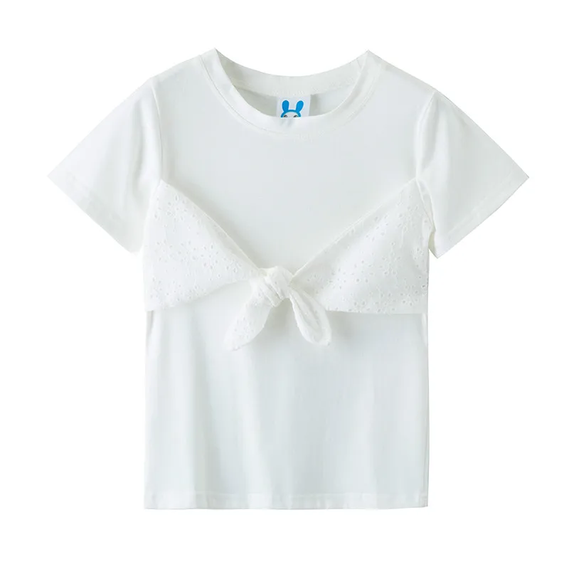 Новинка года, Стильная летняя Однотонная футболка с бантом для девочек модная повседневная футболка для маленьких девочек короткая хлопковая детская футболка для девочек#9020 - Цвет: Белый
