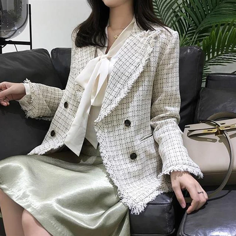 Heydress Осенняя Новая женская винтажная твидовый в клетку Блейзер Пальто Женская двубортная куртка с кисточками Femme офисная верхняя одежда