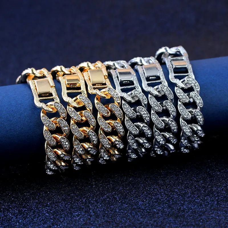 New Fashion Luxury 12mm Iced Out Cuban Link Chain Bracelet for Women Men Gold Silver Color Bling Rhinestone Bracelet Jewelry