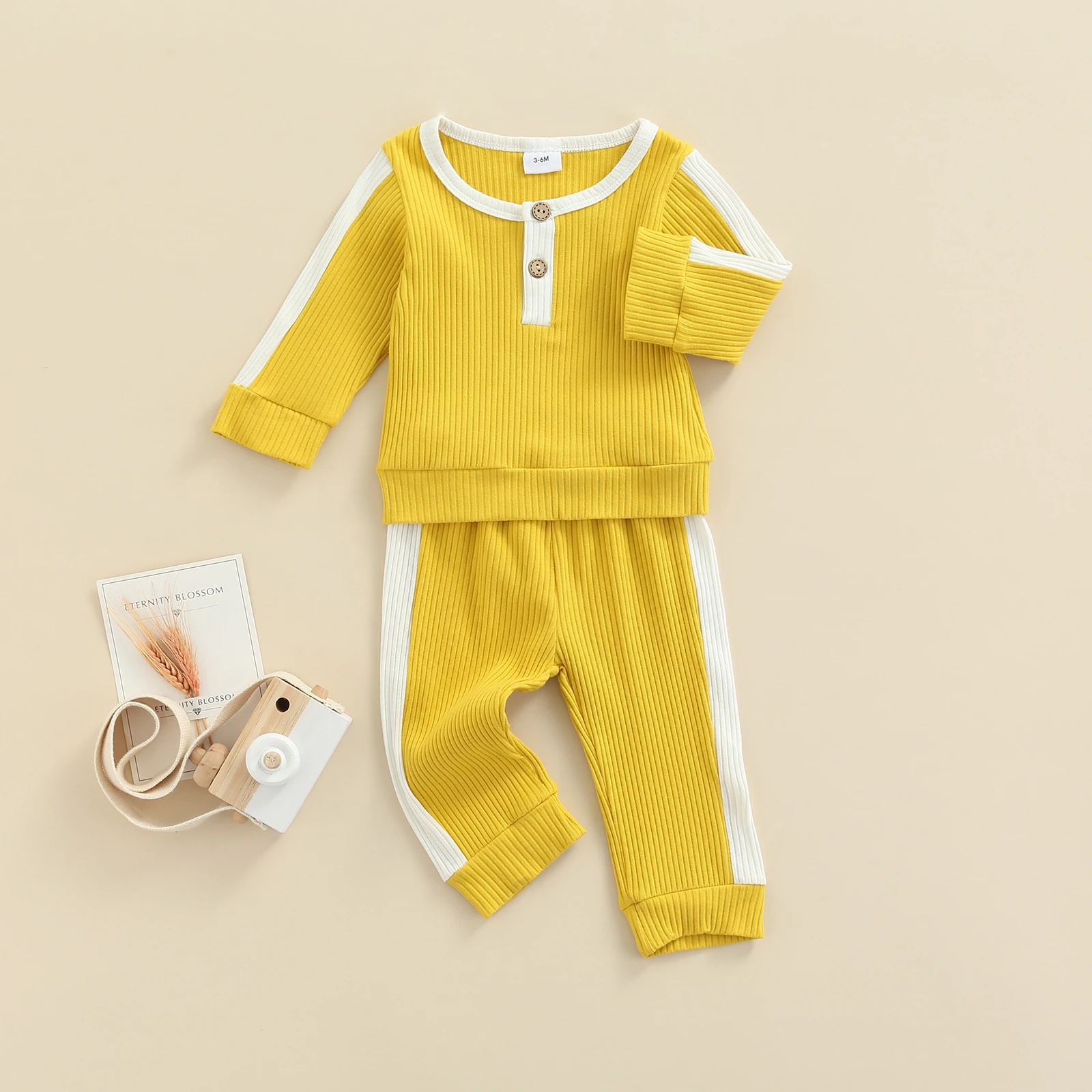 

Toddler Baby Boy Girl Outfits Sets Ribbed Knitted Long Sleeve Shirt Tops Elastic Waist Long Pants Casual Clothes Set