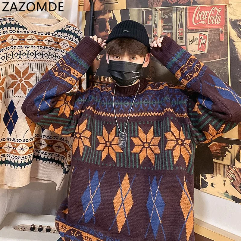 Мужской осенний вязаный свитер ZAZOMDE с геометрическим рисунком корейский