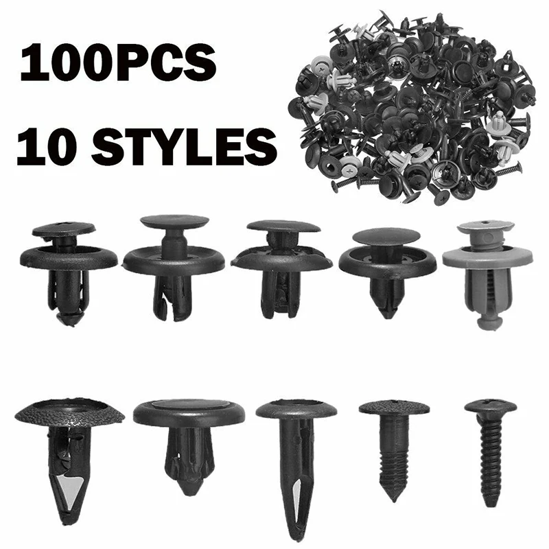 100 Pcs 10 types 100 Pcs Black Professional Plastic 8mm Hole Fender Liner Fastener Rivet Push Clips for Nissan Car Accessories