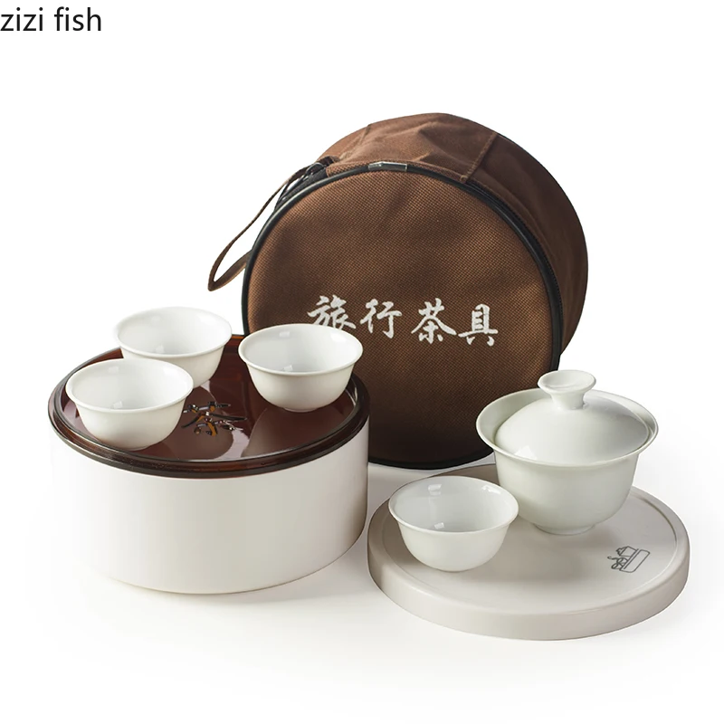 7-piece set Chinese Kung Fu Tea Set Ceramic Portable Teapot Set Outdoor Travel Gaiwan Tea Cups of Ceremony Teacup Fine Gift