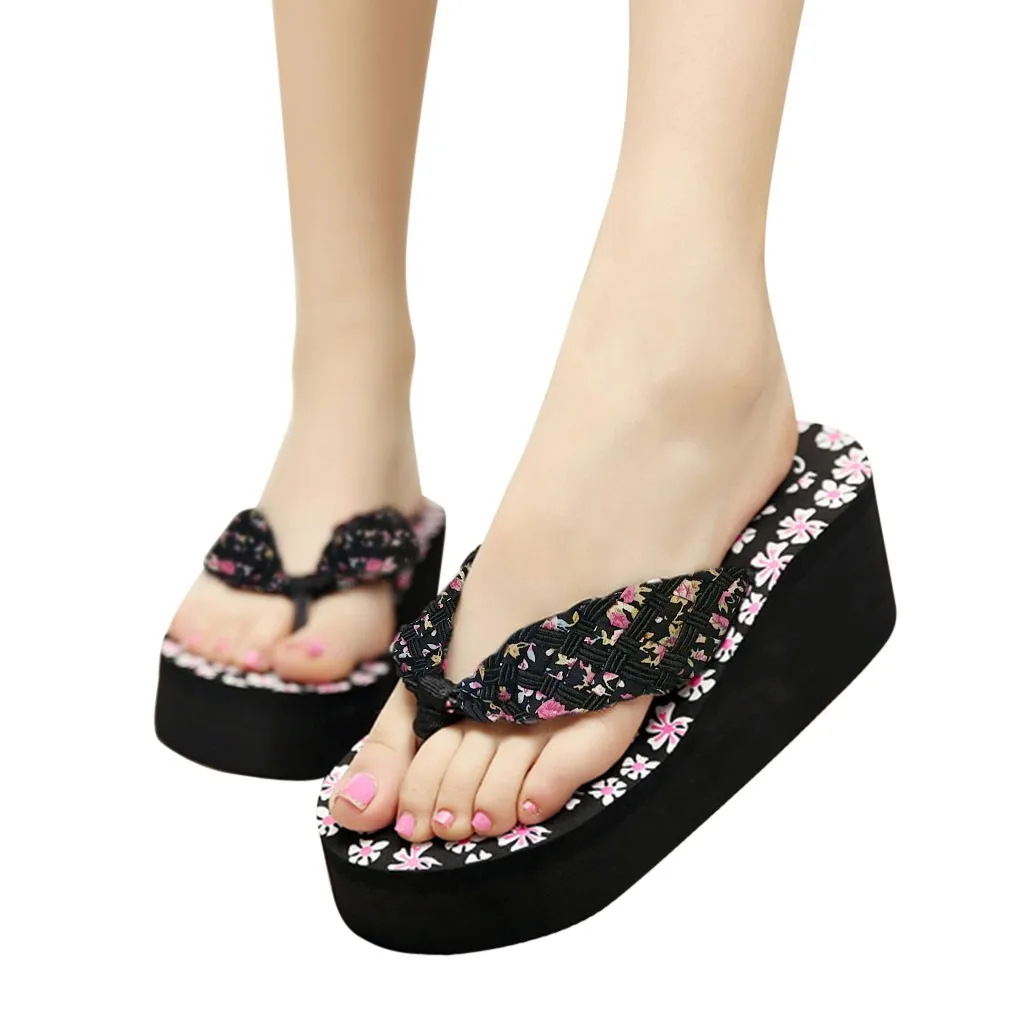 

SAGACE Slippers Flip-flops Women Platform Floral Print Wedges Beach Summer Slippers Outsdoor Open Toe High Heels Shoes 35-39