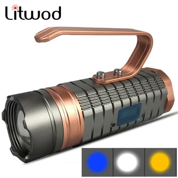 

Night Fishing USB Rechargeable Zoom Flashlight 3 Light Source Fishing 30W Portable Display Blue Yellow White Built in Battery