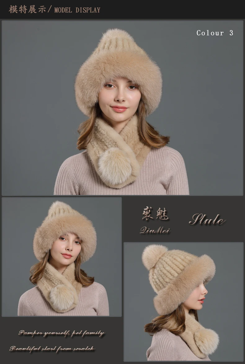 Зимний шарф и шапка из натурального меха норки, вязаные теплые уши, натуральный мех лисы, классический коричневый, черный цвет, меховой комплект, шапка, шарф для женщин