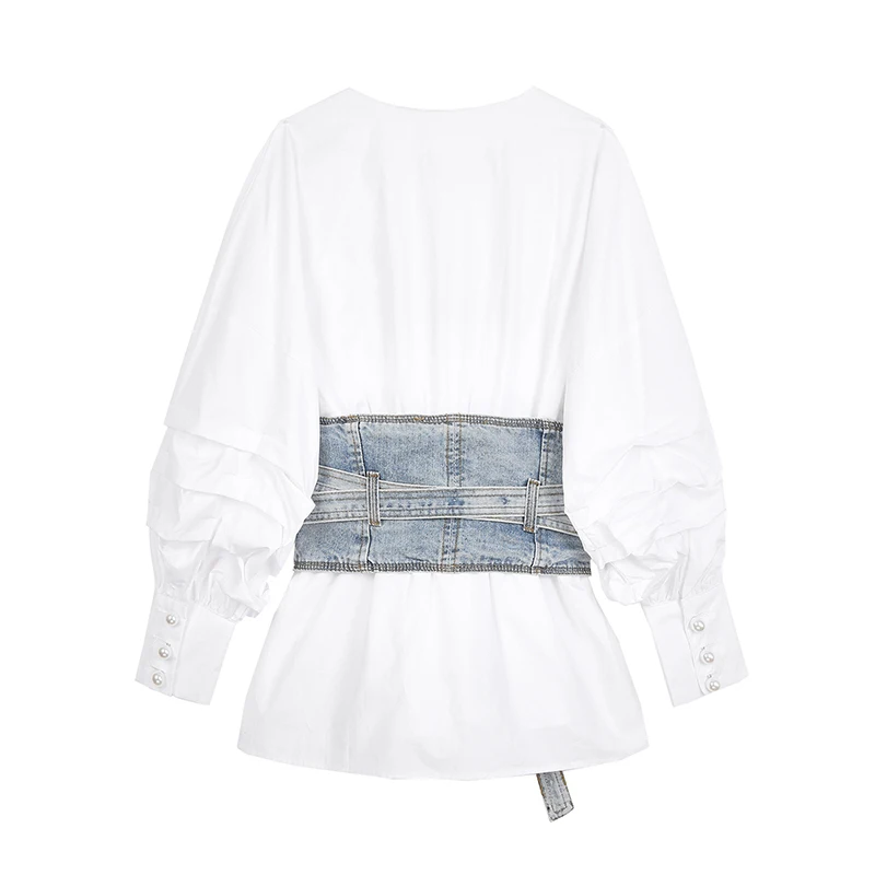 [EAM] Women White Denim Bandage Temperament Blouse