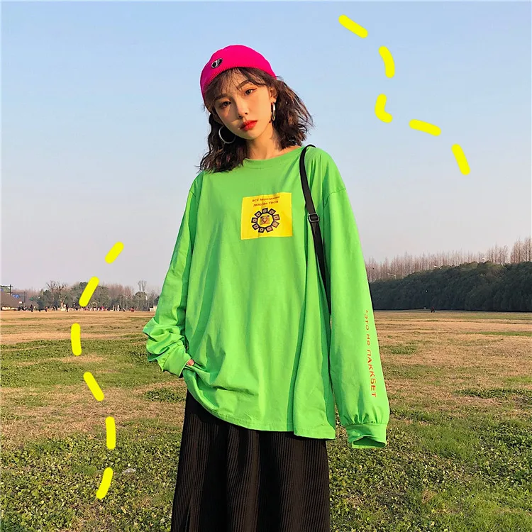 Harajuku модная футболка для женщин осенняя одежда корейский стиль Ulzzang хип хоп длинный рукав футболка Женская Повседневная зеленая футболка