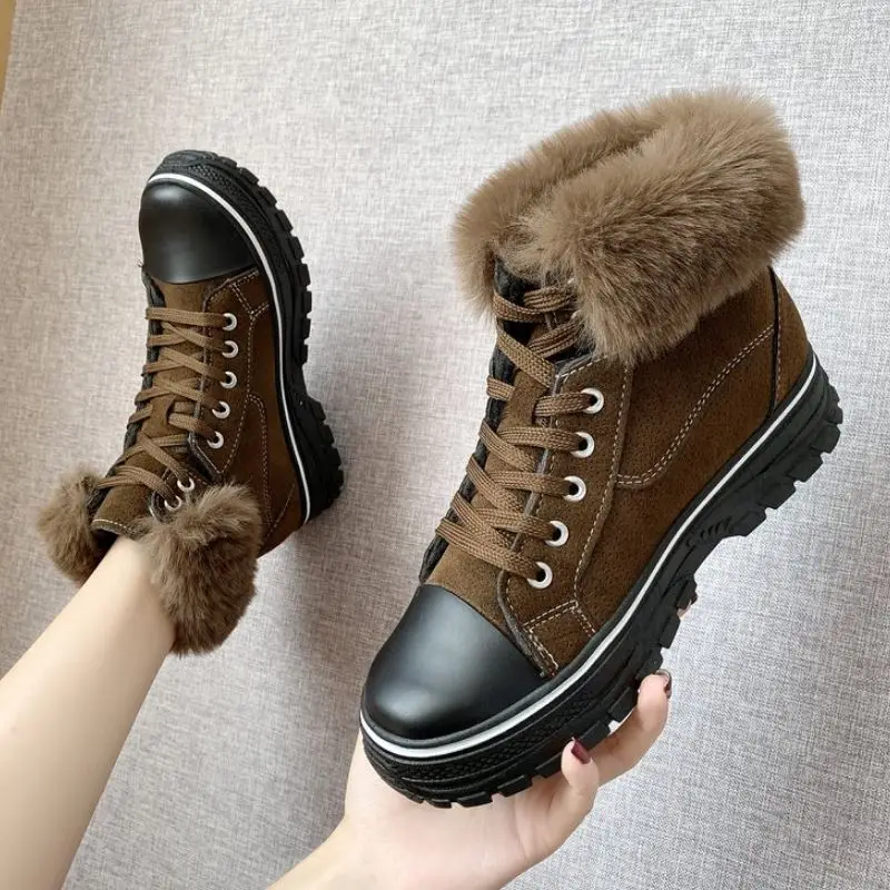 FITWEE Women Ankle Boots Winter Keep Warm Fur Flats Shoes Women Casual Lace Up Round Toe Fashion Party Short Boots Size 35-39