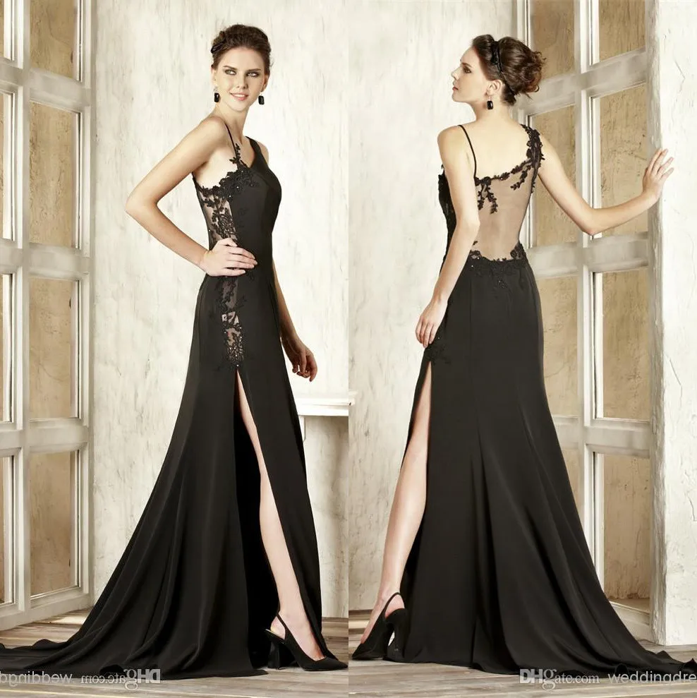 Best Price 2018 Best Verkopende Black Applique Spaghetti Sheer Back Side Slit Lange A-lijn Chiffon Formele Partij Bruidsmeisje Jurken Best Price 2018 Best Verkopende Black Applique Spaghetti Sheer Back Side Slit Lange A-lijn Chiffon Formele Partij Bruidsmeisje Jurken