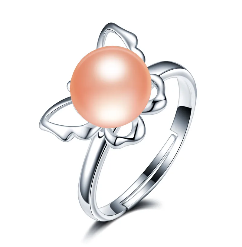 Hot Sale 925 Sterling Silver Dancing Butterflies Elegant Rings For Women Fashion Natural Pearl Ring Jewelry Gift - Цвет камня: Розовый