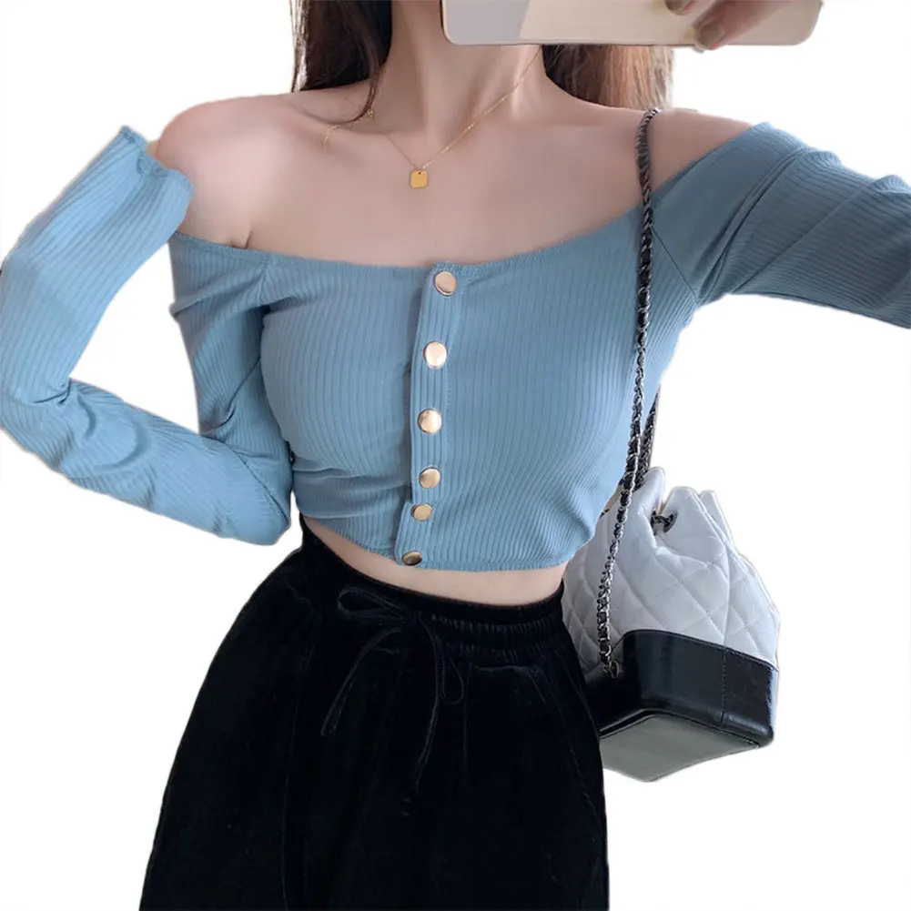 

Women Sexy Off-Shoulder T-shirt Long Sleeve Casual Style Tops Slash Neck Solid Color Cardigans Tight-Fitting Button Tops