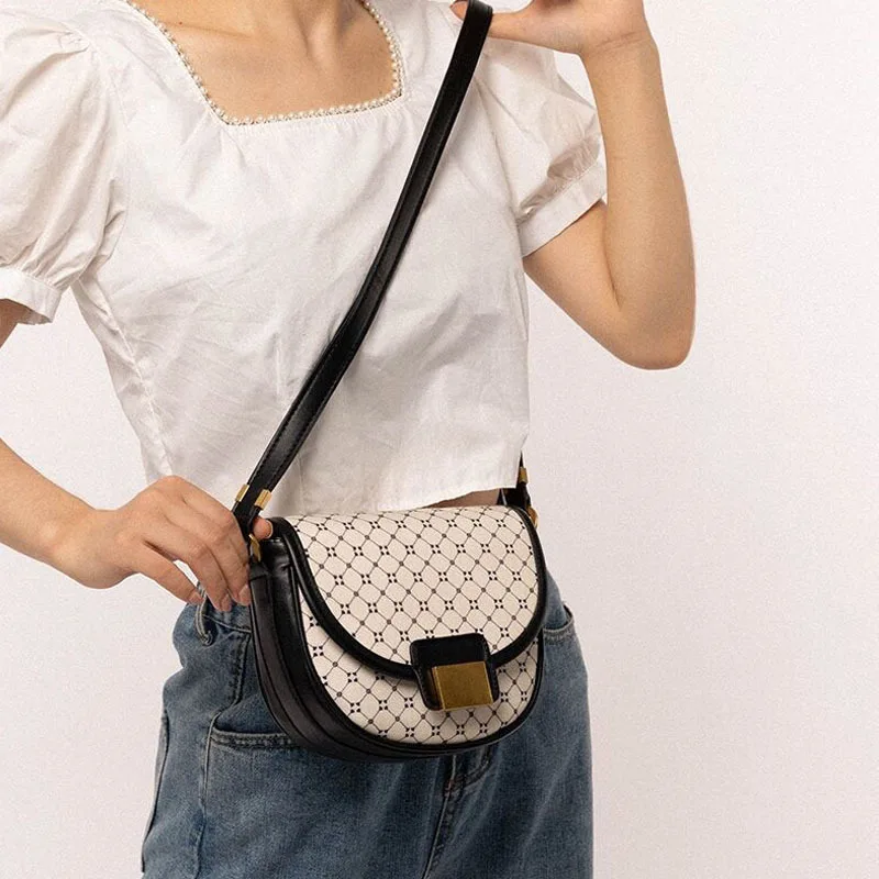 Fashion Geometric Printing Saddle Bag Women PU Leather Shoulder Messenger Bags Brand Design Luxury Handbags Girl Daily Purses