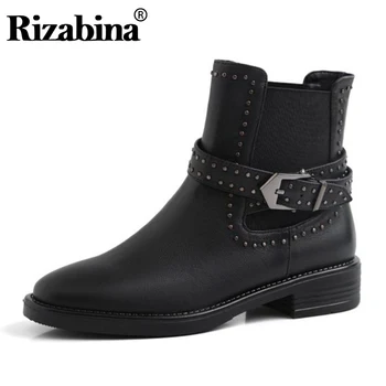 

RIZABINA Classic Chelsea Boots Women Genuine Leather Ankle Boots Rivets Buckle Round Toe Shoes Daily Women Footwear Size 34-43