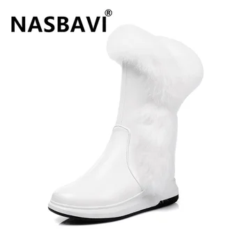 

NASBAVI new women's boots PU leather rabbit hair boots warm legs snow boots Mid-Calf boots ladies winter plush boots