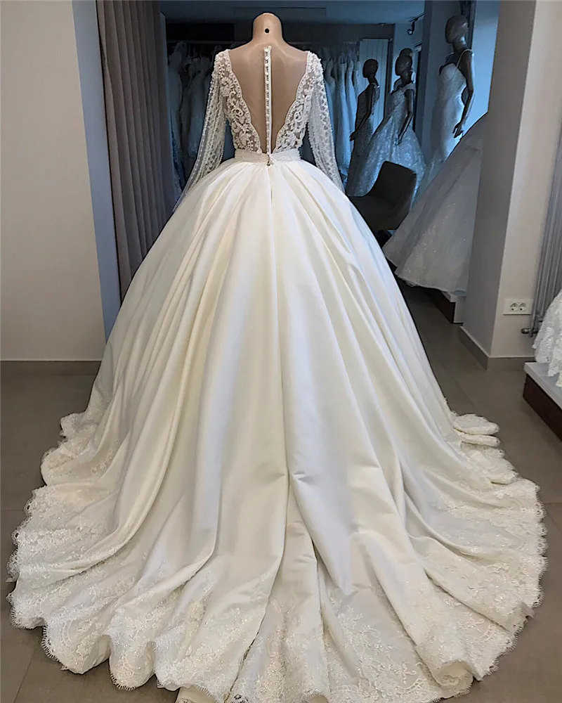 Vestido De Noiva роскошные наряды с длинным рукавом с вырезами Кружева свадебное платье на заказ v-образным вырезом Бальные платья с жемчугом и бисером