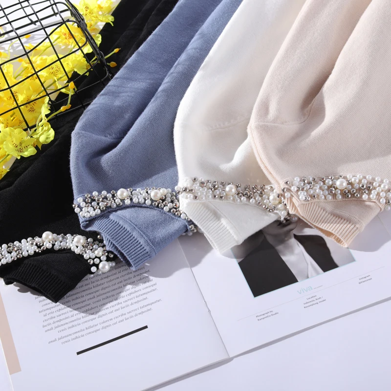 Женский осенне-зимний свитер с бусинами 2019 элегантный круглым вырезом Джемпер