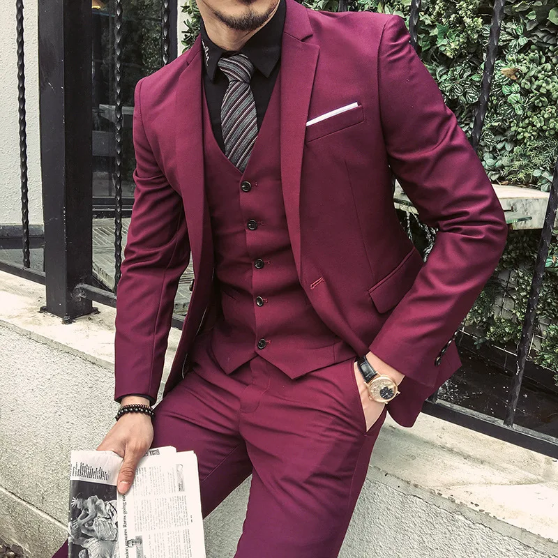 Suits Men's Casual Groom Wear Tuxedos Korean Business Groomsmen Best Men Wedding Dresses One Button Slim Men's Three-piece Suits