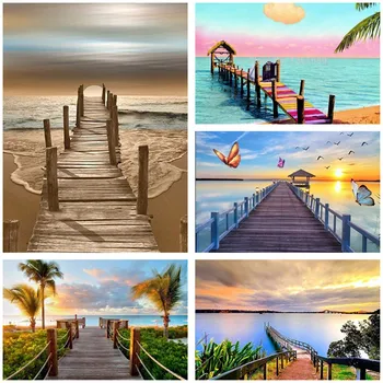 

DIY Diamond Painting Scenery Seaside 5D Diamond Painting Wooden Bridge Cross Stitch Mosaic Patterns Round Rhinestone Home Decor
