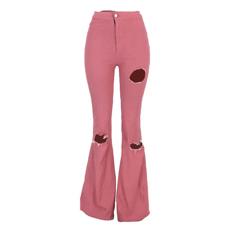 Plus Size S-3XL Sexy Ripped Holes Zipper Women Washed Denim Flare Pants Femme Solid Casual Streetwear Slim Hip Hop Jeans SJ4645Y
