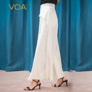 

VOA white 36m silk weight mid waist pocket loose leaf collage metal zipper pleated micro elastic wide leg pants K1190