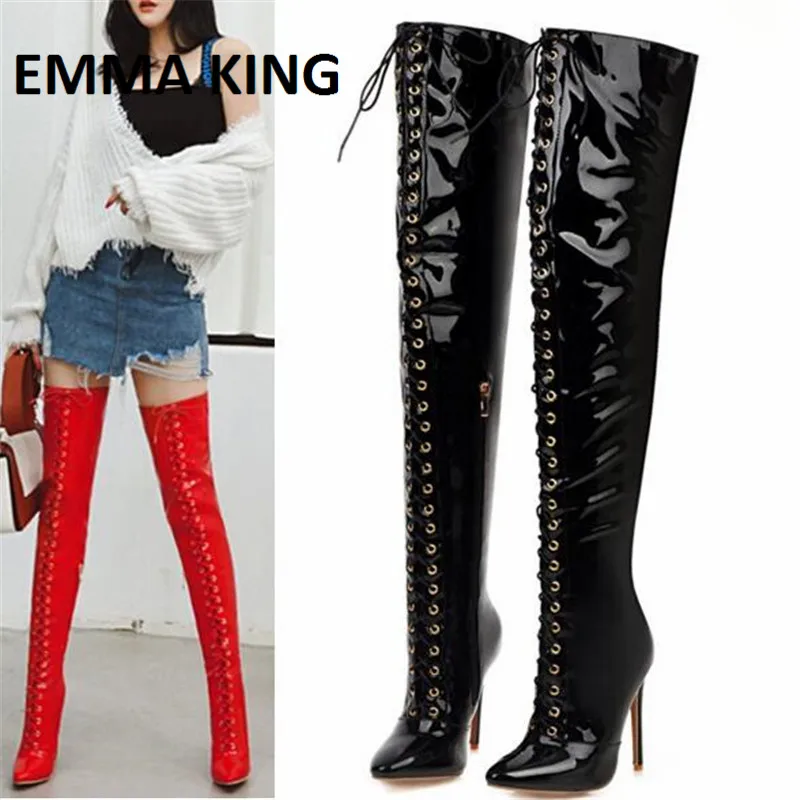 

Patent Leather Pointed Toe Heeled Women's Boots Sexy Super High Heel Boots Zip Side Fastening Lace-up Boots Over the Knee Boots