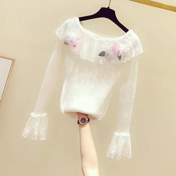 

Flower Sweater Women 2020 Spring Clothing New Korean-style Flower Decoration Lace Slash Neck Bell Sleeve Sweater Ladies Tops
