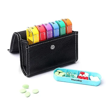 

Pill Organizer Box Weekly Case Cute Travel Medication Reminder Daily AM PMDay Night 7 Compartments WithBlack PU Leather Pill Cas