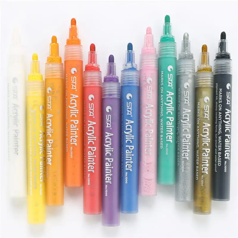 Billige 12 24 farben STA Acryl Maler Marker Stifte Pinsel stift Art Marker Rock Glas Porzellan Becher Holz Stoff Leinwand Malerei 04376