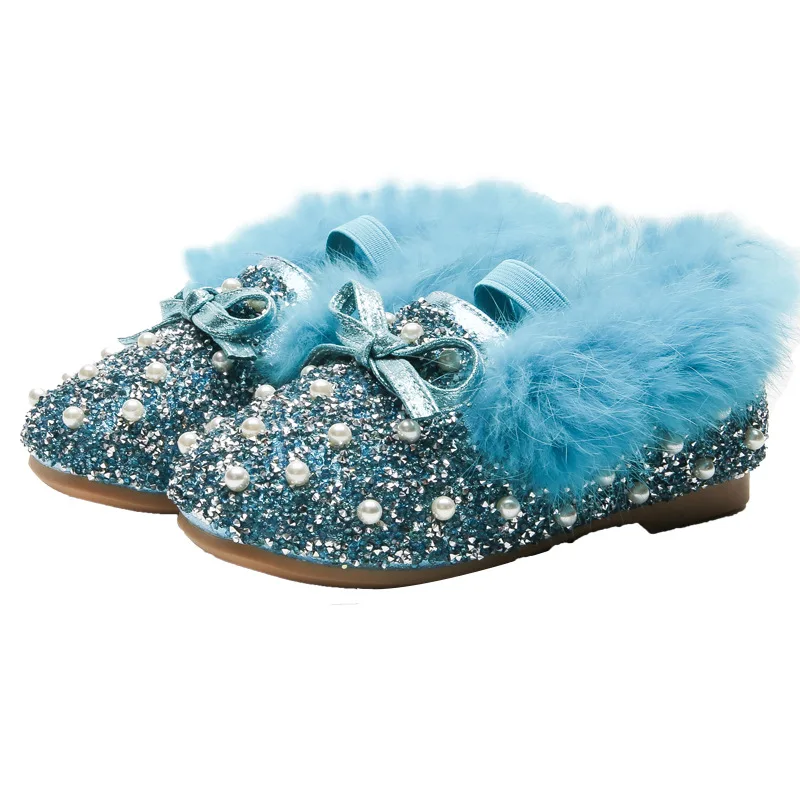 

Bling Fur Shoes Pearl Princess Slip On Children Shoes Girls Party Sneakers Wedding Shoes for Teenager Girl Glitter Botas D09091