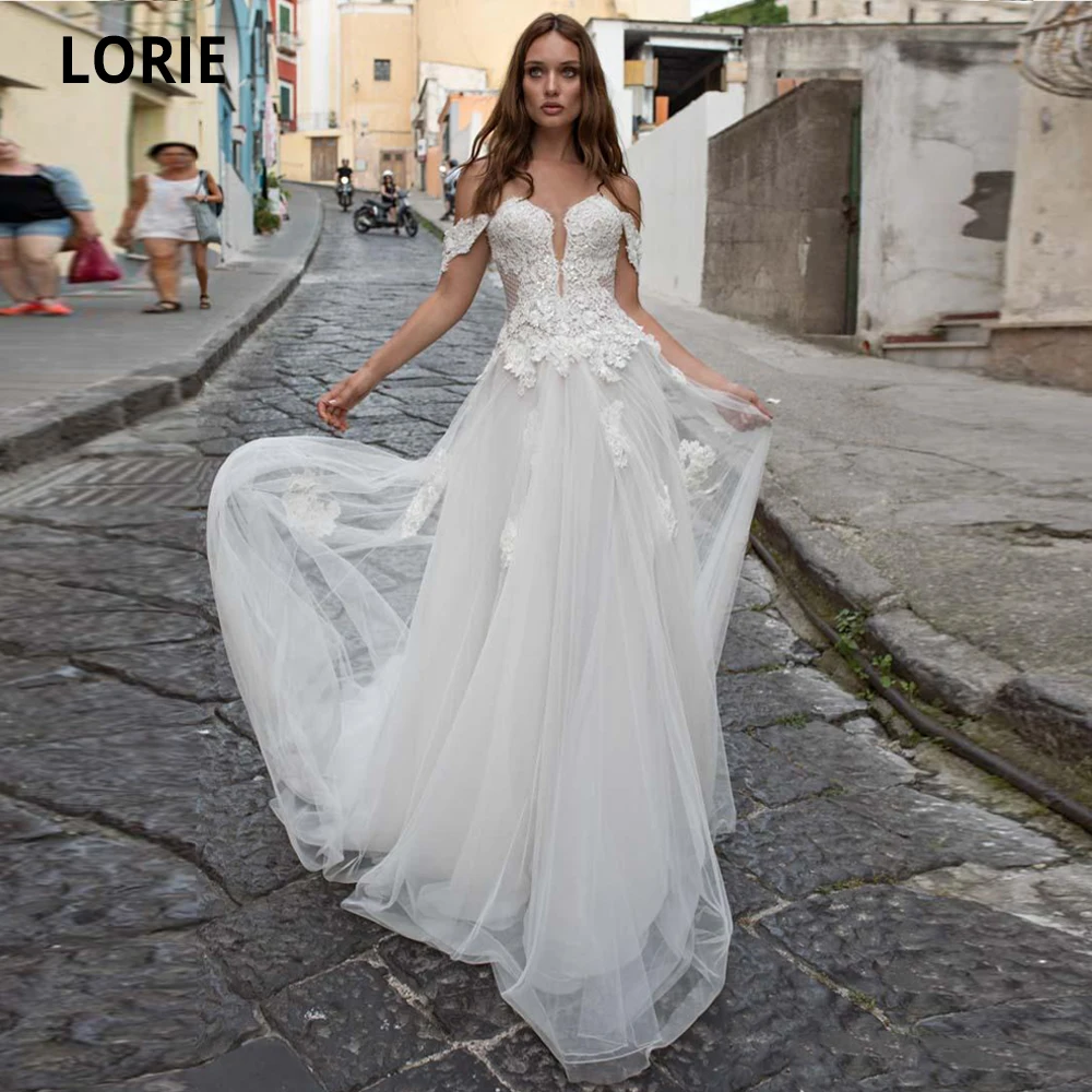 

LORIE Elegant Lace Appliques Wedding Dresses Off the Shoulder Open Back V-neck Tulle Boho Bridal Gowns Vintage Floor Length