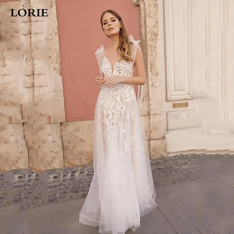 

LORIE Spaghetti Strap Lace Wedding Dress 2020 Sexy V Neck Appliqued Boho Bridal Gowns Long Vestido de novia