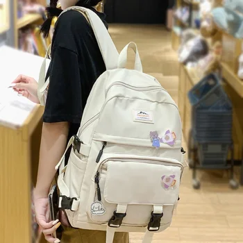

Student Girl Kawaii Badge Backpack Buckle Fashion Book School Bag Women Nylon Waterproof Backpack Cute Female College Bag Ladies