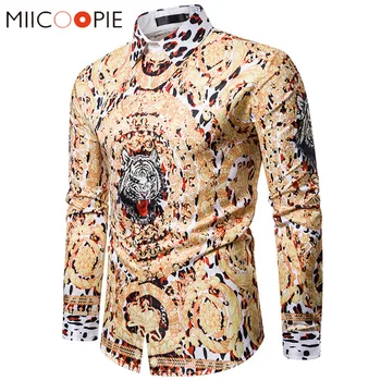 

Luxury Golden Tiger Print Shirt Men Brand Leopard Long Sleeve Floral Shirts Men Dress Nightclub Camisa Social Hip Hop Streetwear