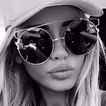 

Fashion Oversized Sunglasses For Women Designer Round Lens Cat Eye Frame Alloy Metal Sun Glasses Female Mirror