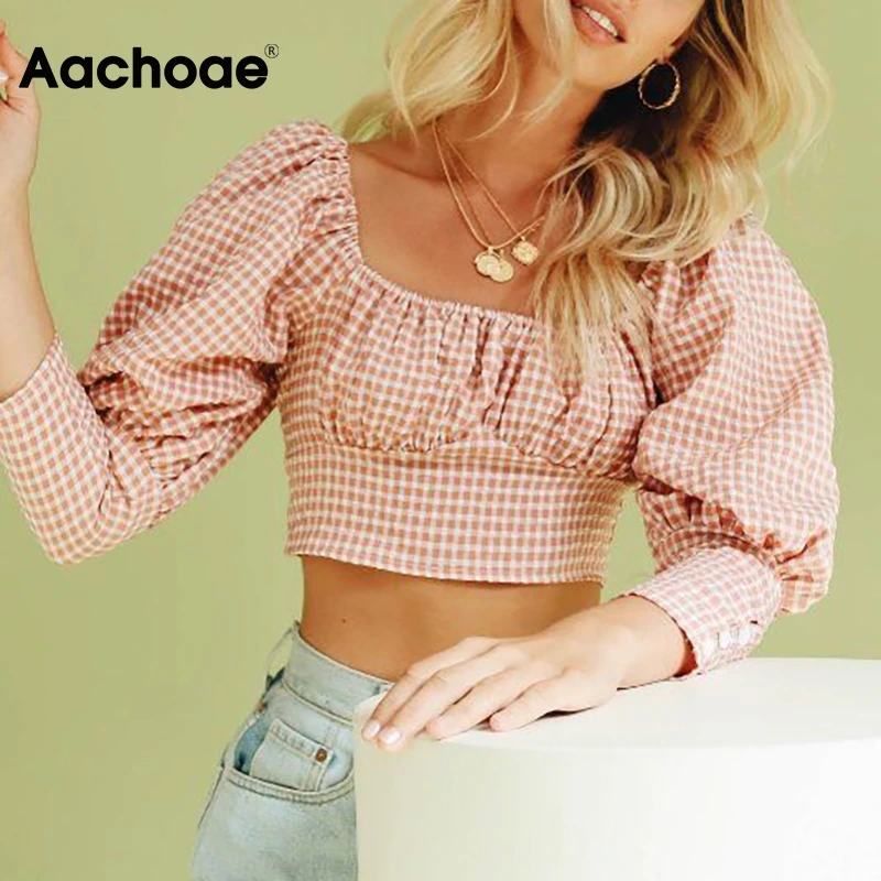 Aachoae женский клетчатый короткий топ блузки 2020 Стильная блуза с квадратным