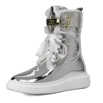 

New Brand Fashion Women Winter Warm Snow Boots Genuine Leather Med Heels Lace Up Black Silver Shoes Woman Ankle Boots Size 34-39