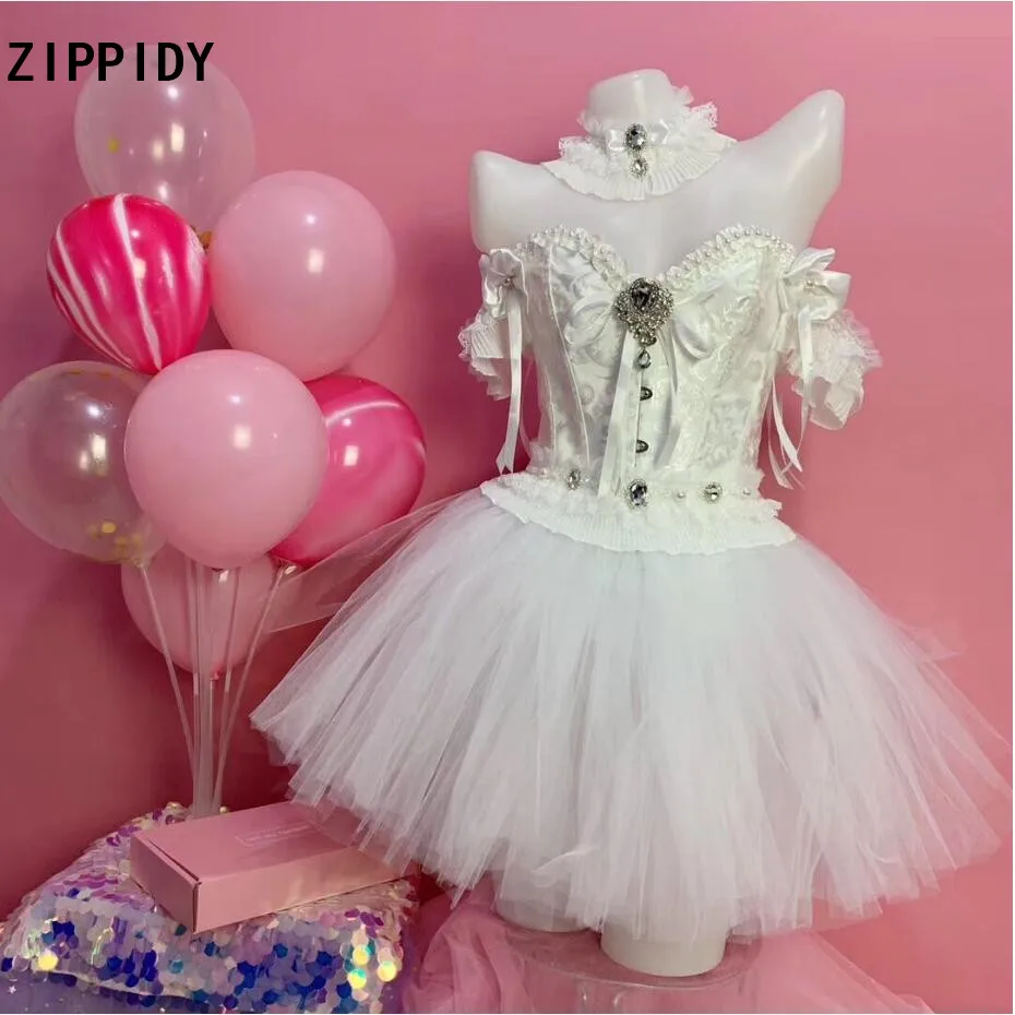 Белые кружевные стразы, жемчужный бандаж, боди, юбка, комплект одежды для бара, танцев, дня рождения, наряд для выпускного, женская одежда для танцоров, комплект