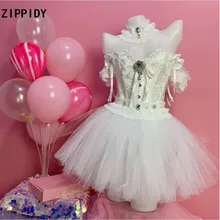 Белые кружевные стразы, жемчужный бандаж, боди, юбка, комплект одежды для бара, танцев, дня рождения, наряд для выпускного, женская одежда для танцоров, комплект