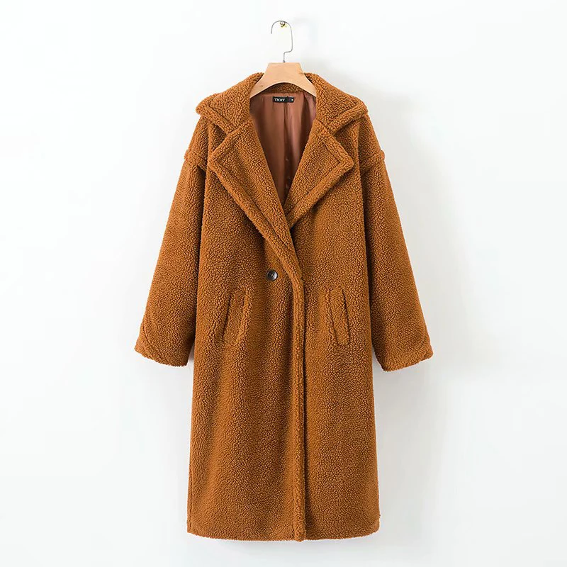 

Winter Women Fashion Teddy Cashmere Long Coat Female Casual Solid Woolen caramel Coats Womens Warm Outwear manteau femme hiver