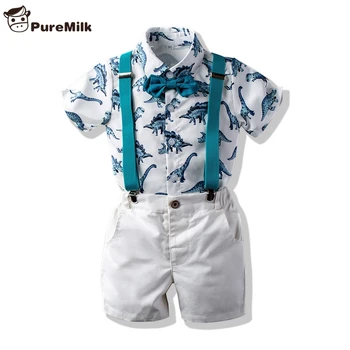 

PureMilk Boys Clothing Kids Summer Clothes Catoon Printed Shirt+Short+Strap 4pcs Set