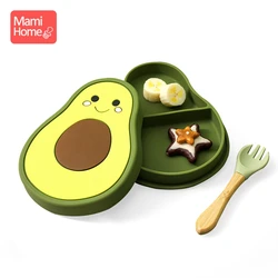 Baby Feeding Bowl Fork Safe Silicone Dining Plate with Lid Cartoon Avocado Waterproof Feeding Bowl Non-Slip Crockery BPA Free