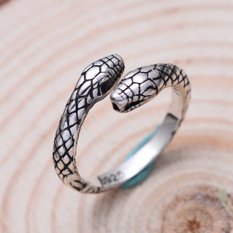 925 Sterling Silver Vintage Double Snake Head Thai Silver Ladies Finger Rings Jewelry Unisex Open Adjustable Size Ring Man,silver ring,silver rings