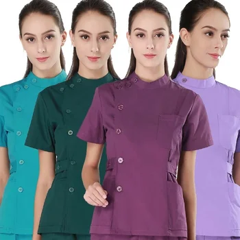 

Women's Fashion Medical Uniforms Stand Collar Short Sleeve Side Opening Front Scrubs Tops Clinic Uniforms( Just A Top)