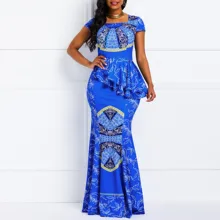 Женские макси платья, Элегантные Синие Повседневные Вечерние Сексуальные вечерние платья с рюшами и этническим принтом, африканские женские платья с высокой талией размера плюс