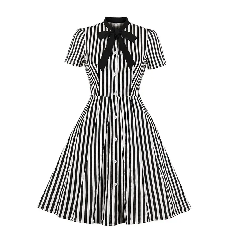Online Rosetic Vintage Stripe Midi Dress Women Summer 50s Bow Collar Elegant Office Casual Stylish Goth Ladies Retro Rockabilly Dresses
