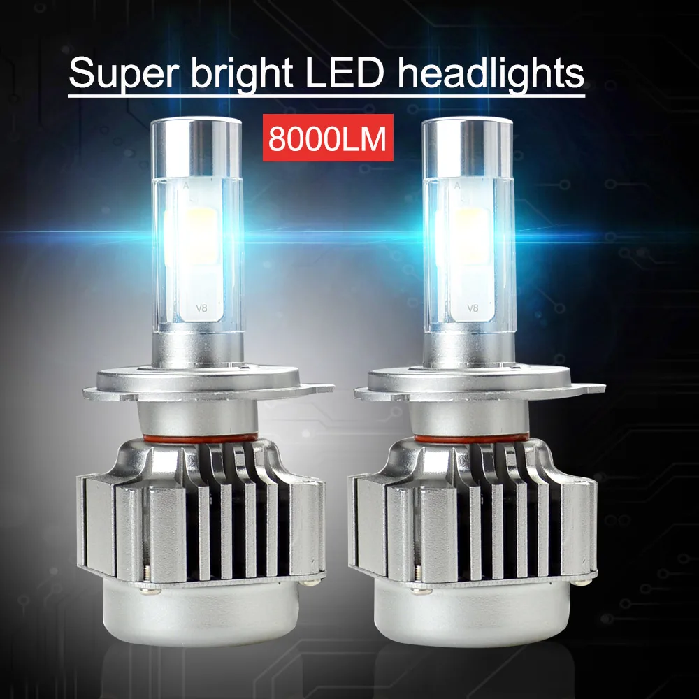 

OkeyTech 2pcs V8 Series Car Led Headlight Bulbs Lamp H1 H4 H7 H11 H8 H4/9003/HB2 Hi/Lo Car High Low Beam 6000K 12V Light Source