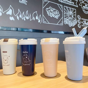 

Loneih 500ml Cute Thermos Coffee Mug With Straw Double Wall Stainless Steel Water Bottle Thermos Tea Water Coffee Cup for Office