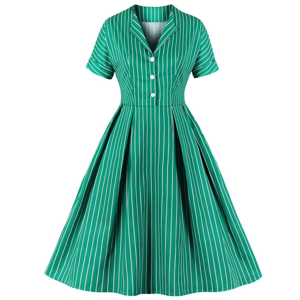 

50s 60s Swing Rockabilly Woman Dress With Pocket Pleated Striped Print Green Office Casual Jurken French Vintage Party Clothing