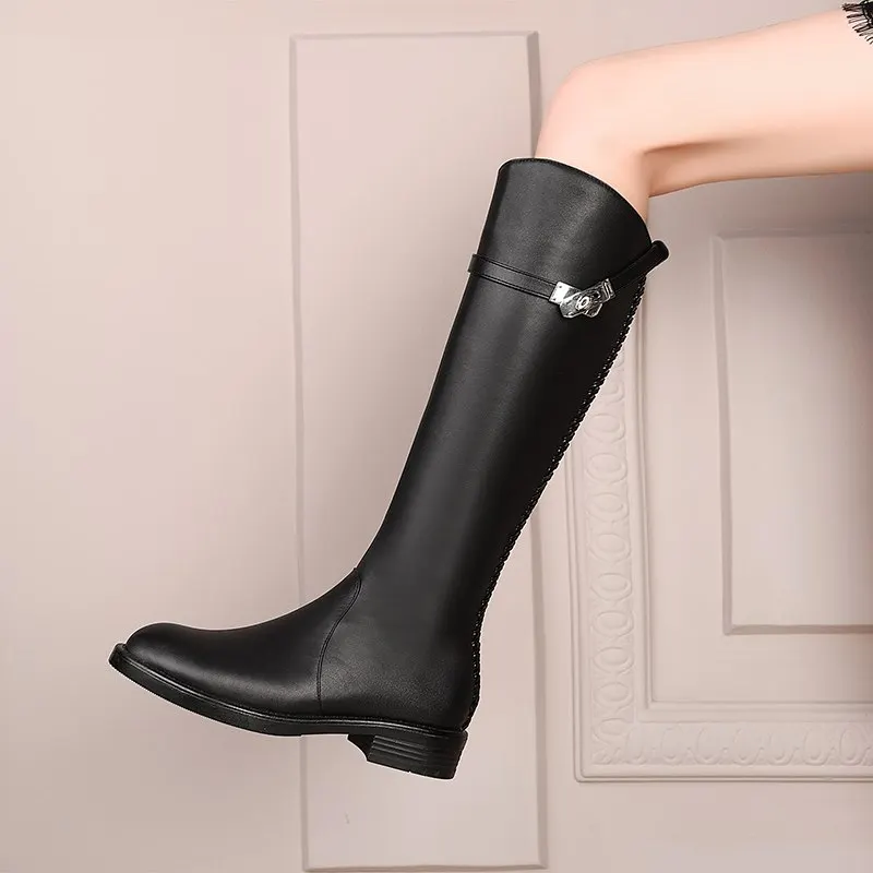 MORAZORA/ г., новые зимние сапоги модные женские сапоги до колена брендовые кожаные женские ботинки на молнии с пряжкой - Цвет: black soft leather